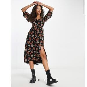 Hollister chiffon half sleeve midi dress in black floral print size‎ L NWT